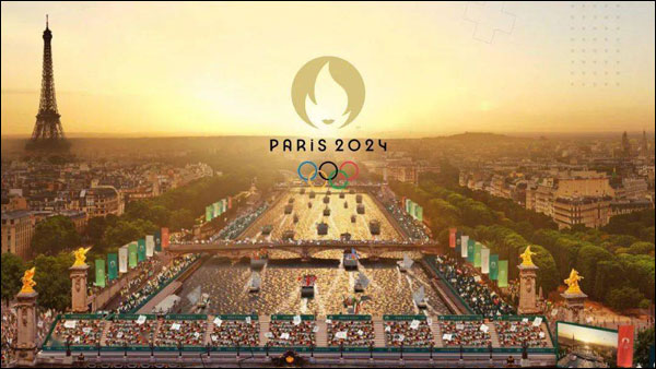 สัญลักษณ์โอลิมปิกปารีส 2024 เหนือทิวทัศน์กรุงปารีสและหอไอเฟล