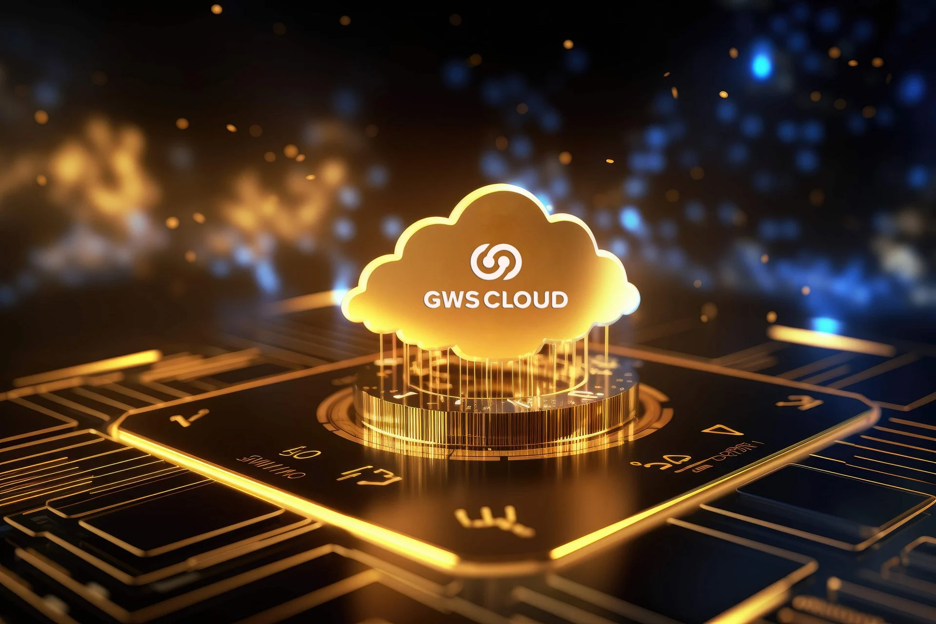 โลโก้ GWS CLOUD รูปก้อนเมฆสีทองเรืองแสงเหนือแผงวงจร